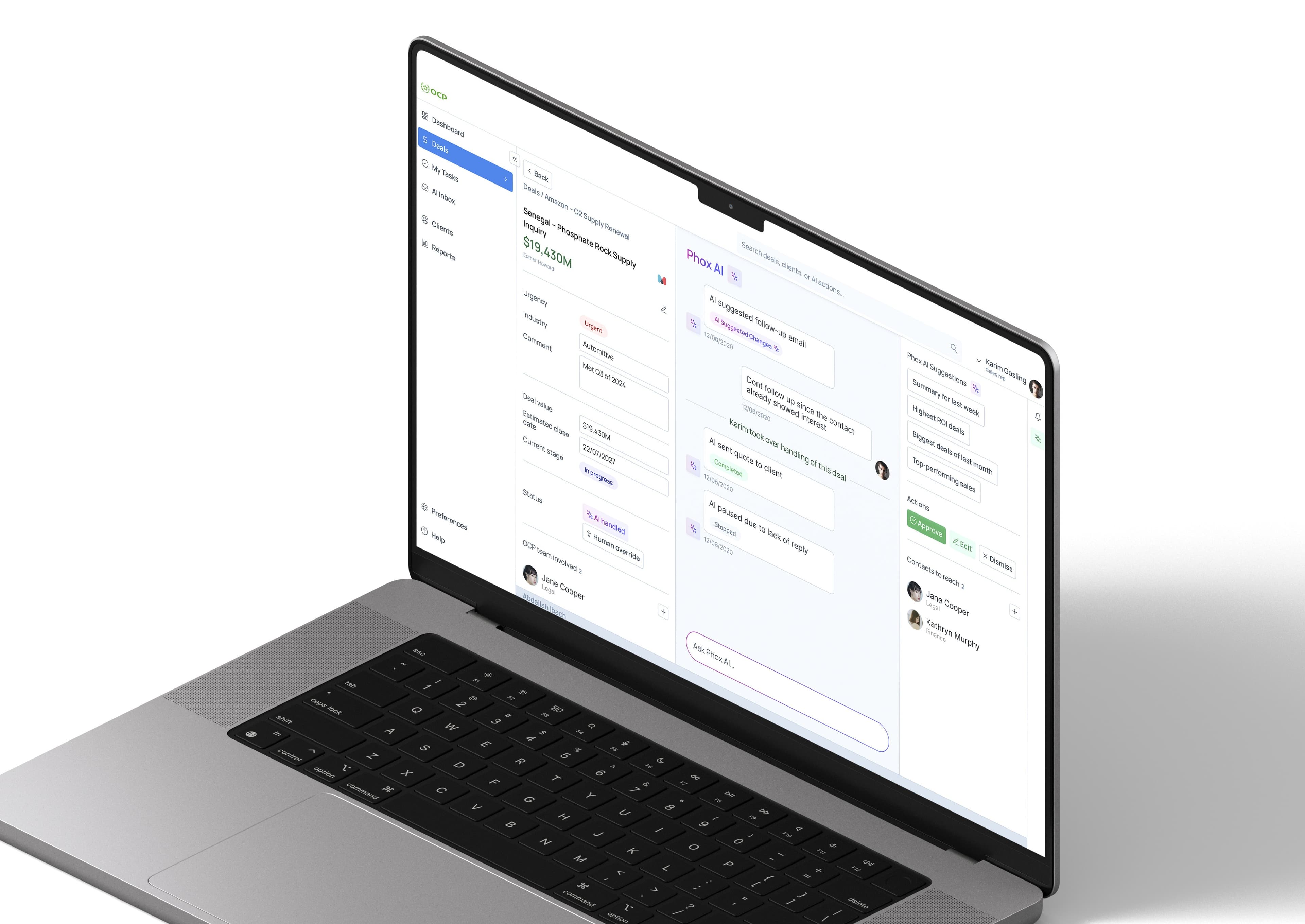 AI agent dashboard for sales teams on a laptop, with an assistant panel beside a deal record
