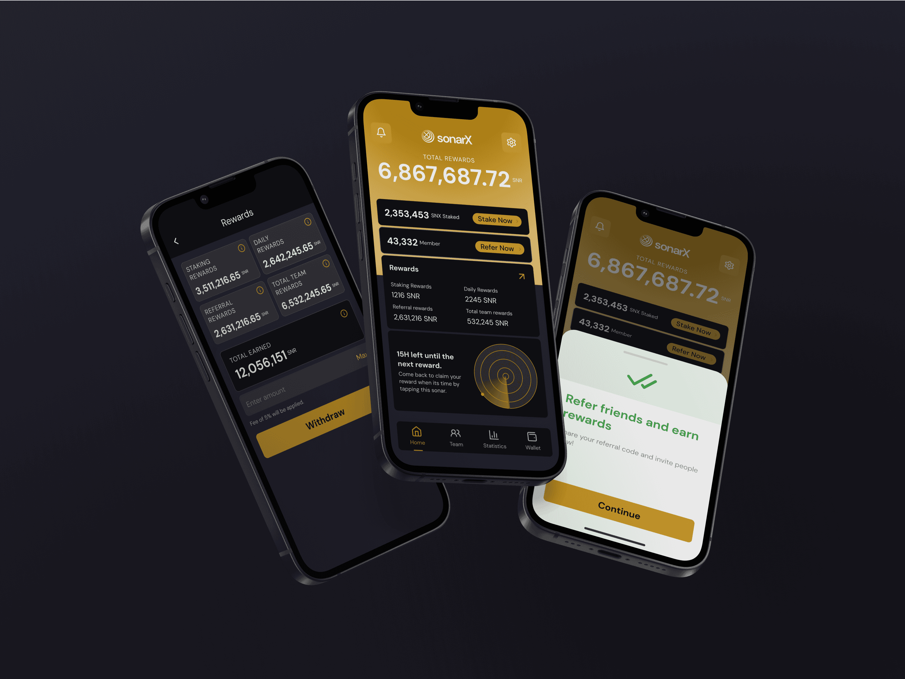 SonarX staking app screens on three phones