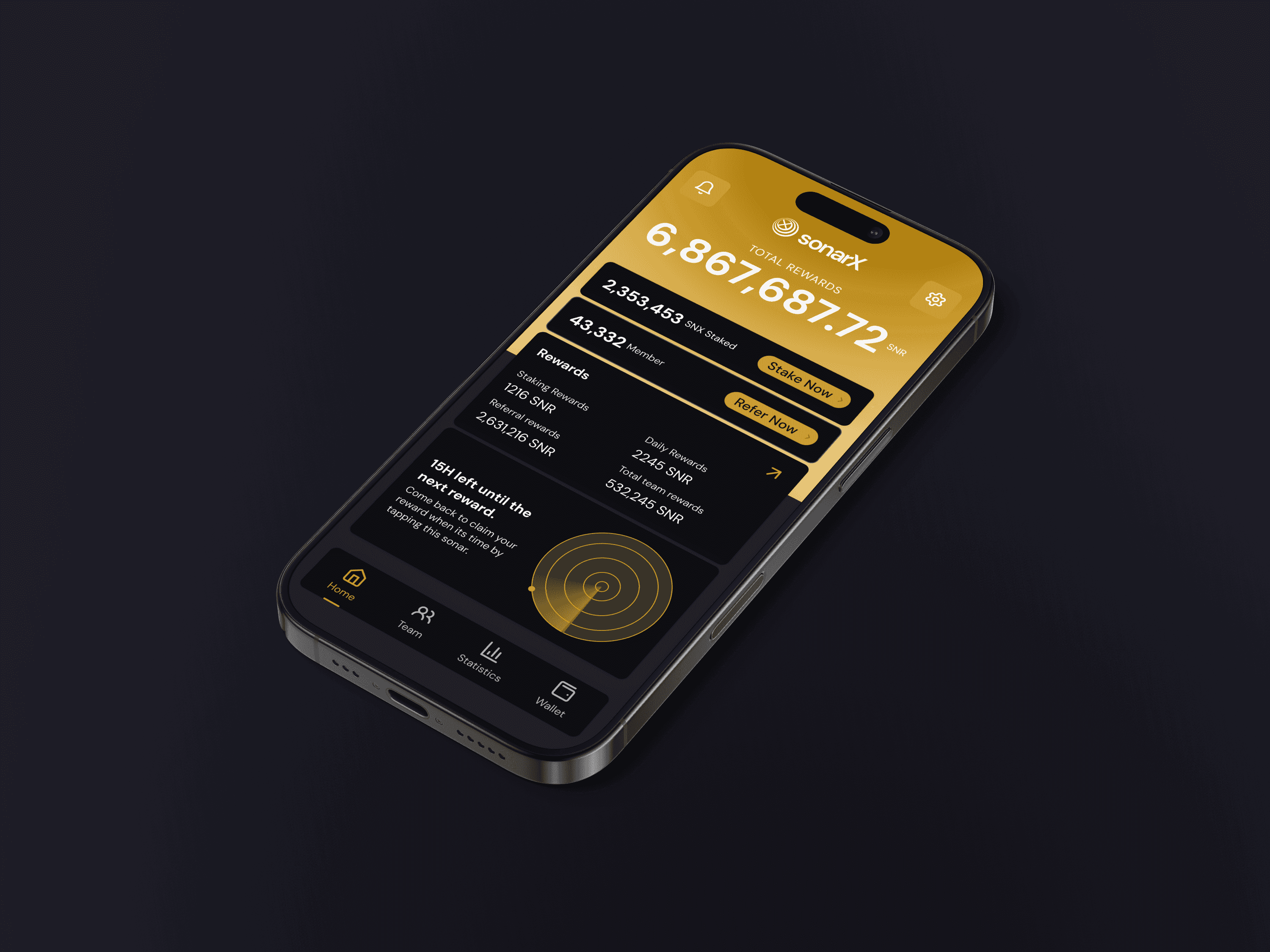 SonarX staking app screens on a phone