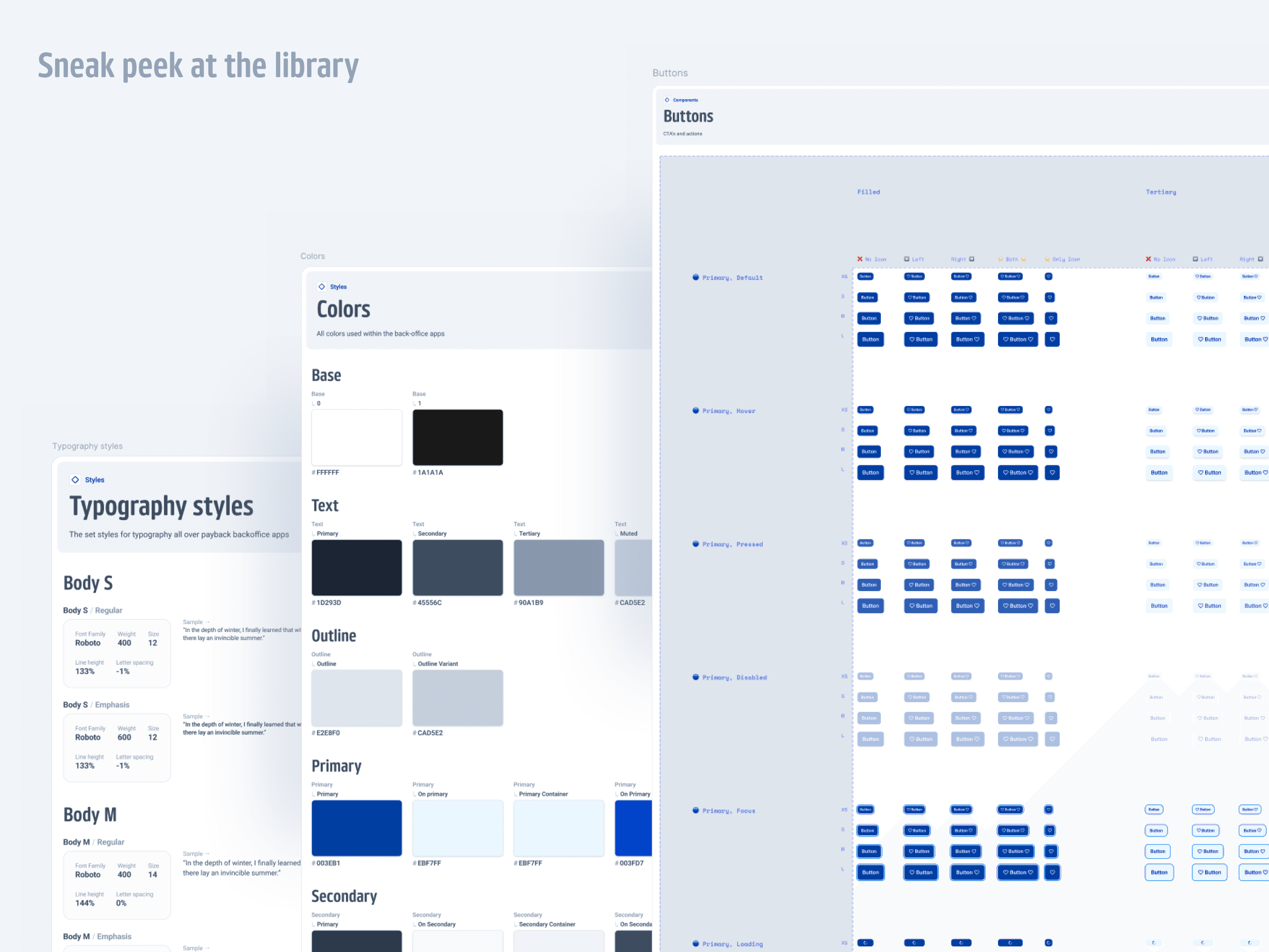 Design system library preview: typography styles, color palettes and button states