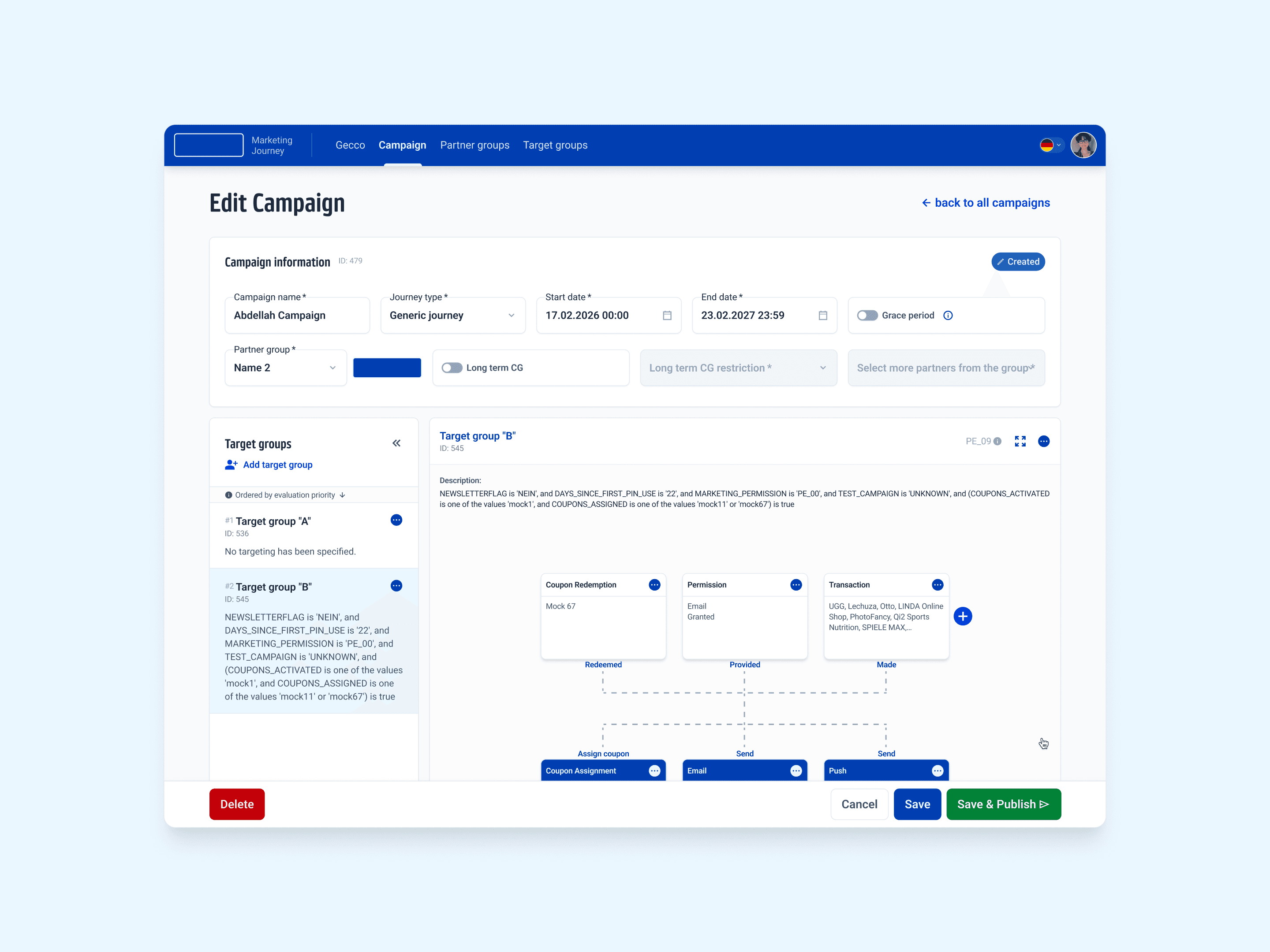 Edit-campaign screen with target groups, nodes and the publish actions