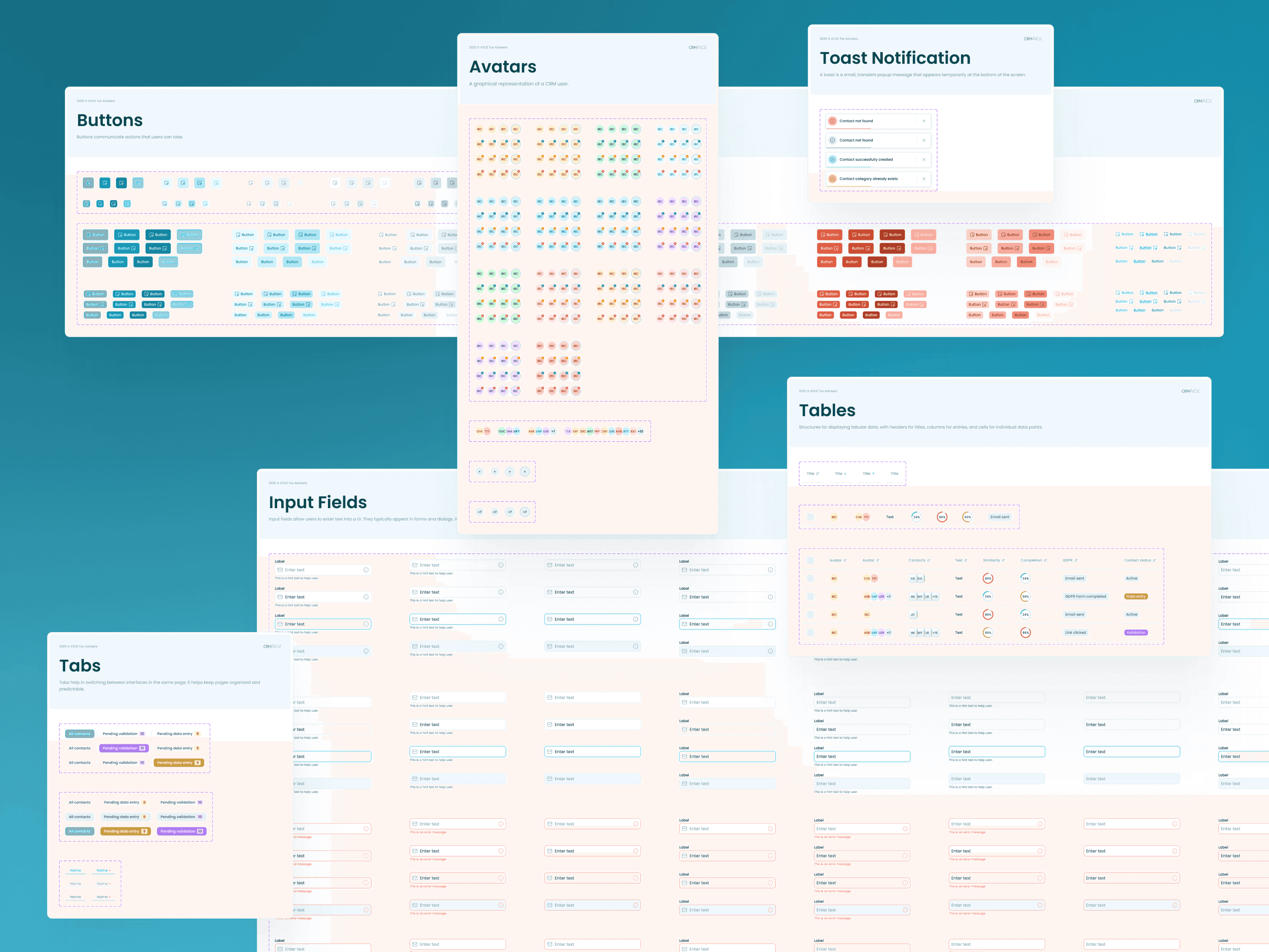 CRM design system: buttons, avatars, tables, inputs and notifications