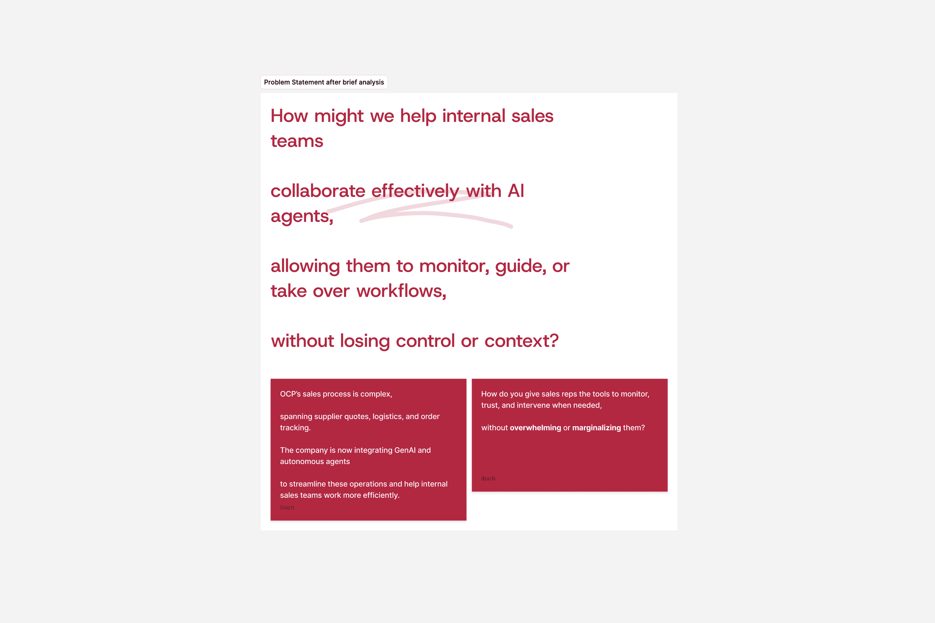 Problem statement: how might we help internal sales teams collaborate effectively with AI agents without losing control or context