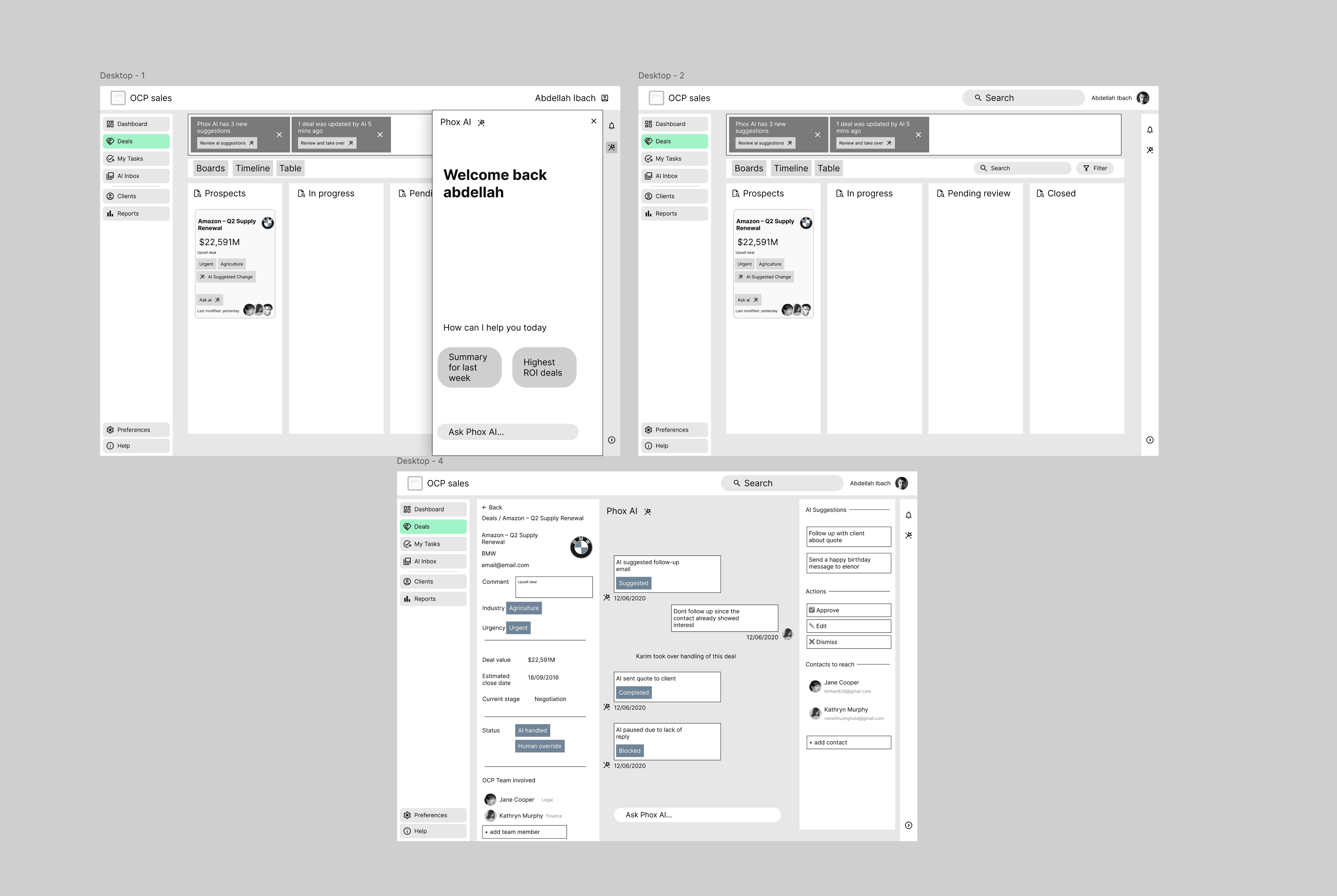 Wireframes of the deals board, the AI panel, and a deal detail timeline